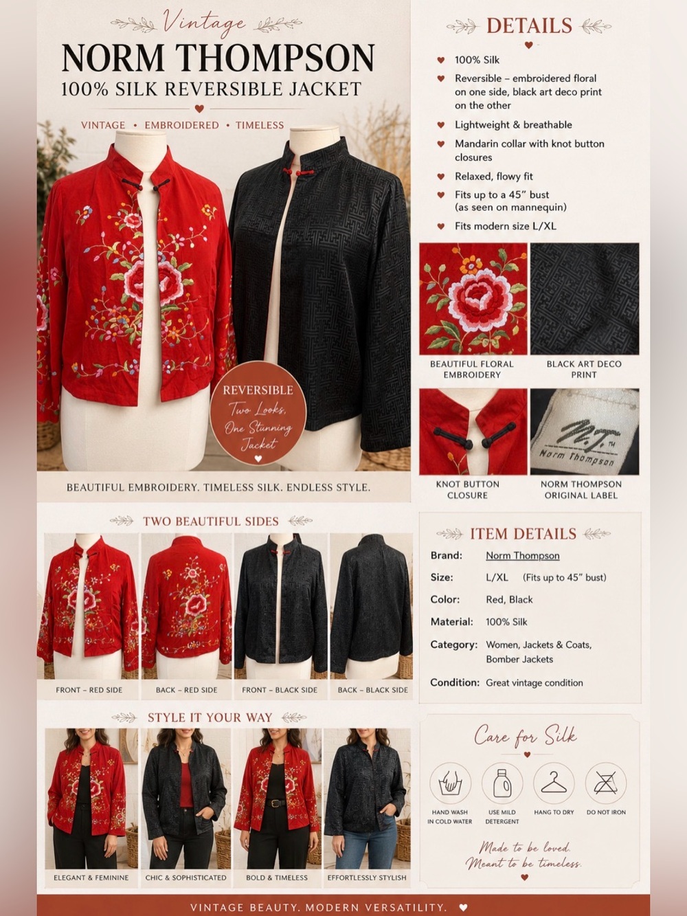 Vintage 80’s- reversible 2 in 1 style- 100% silk -Embroidered Jacket - Volup